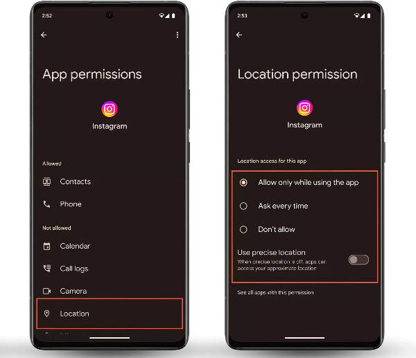 Disable Location Permission for Instagram on Android