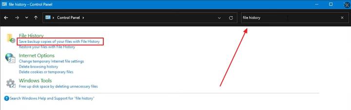 file history in control panel