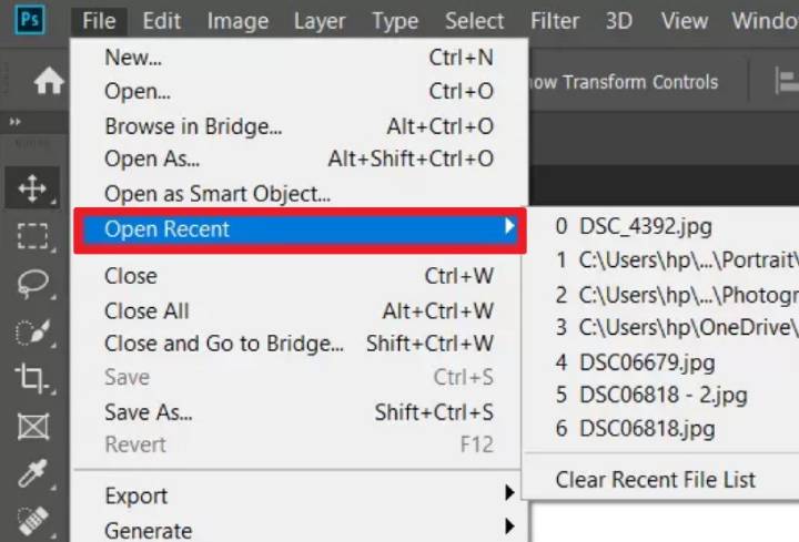 Access Photoshop Open Recent menu