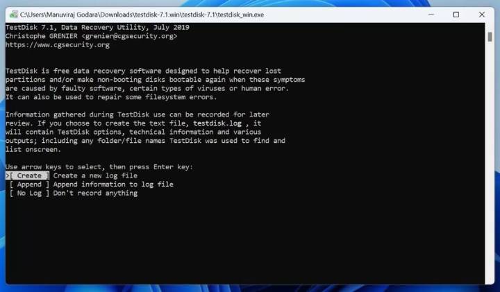 type the command on testdisk