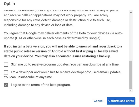 confirm and enroll Android 13 beta program agreement