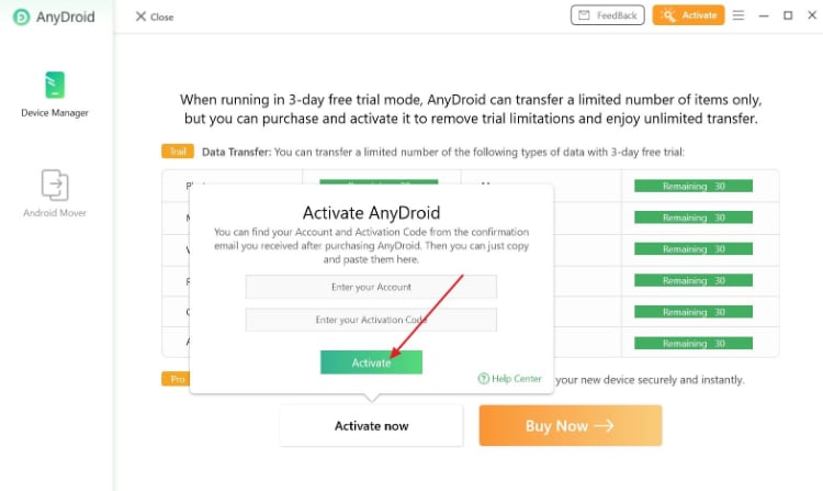 tap activate button