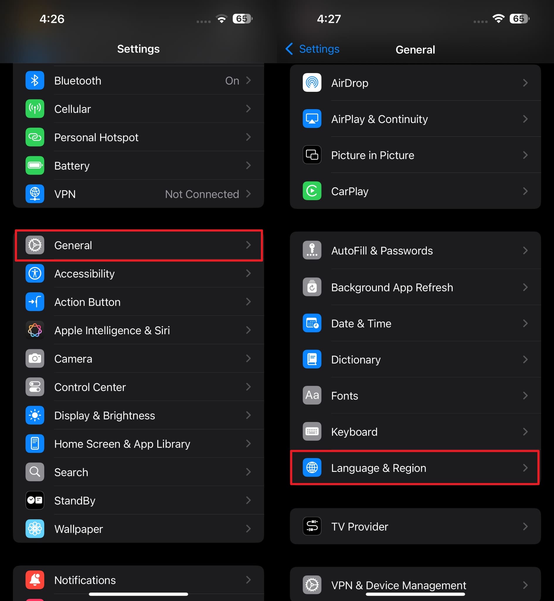 access language & region settings