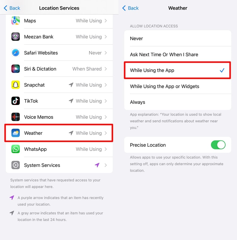 enable location for weather app