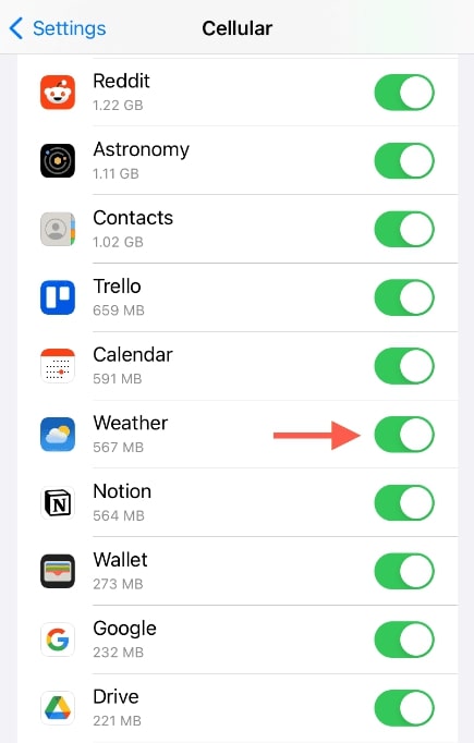 activate cellular data for weather app