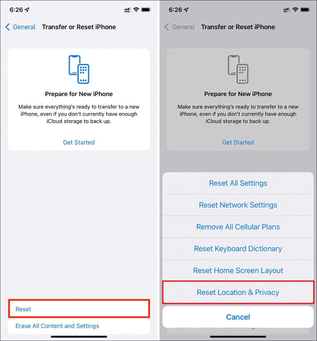 proceed with reset location
