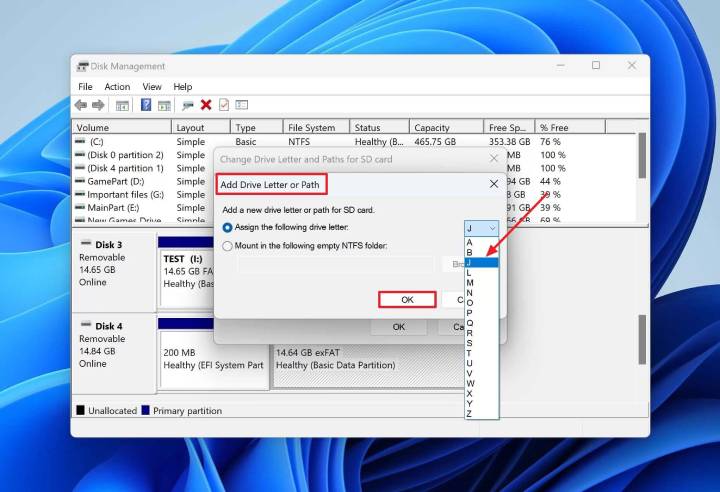 Assign new drive letter to SD card