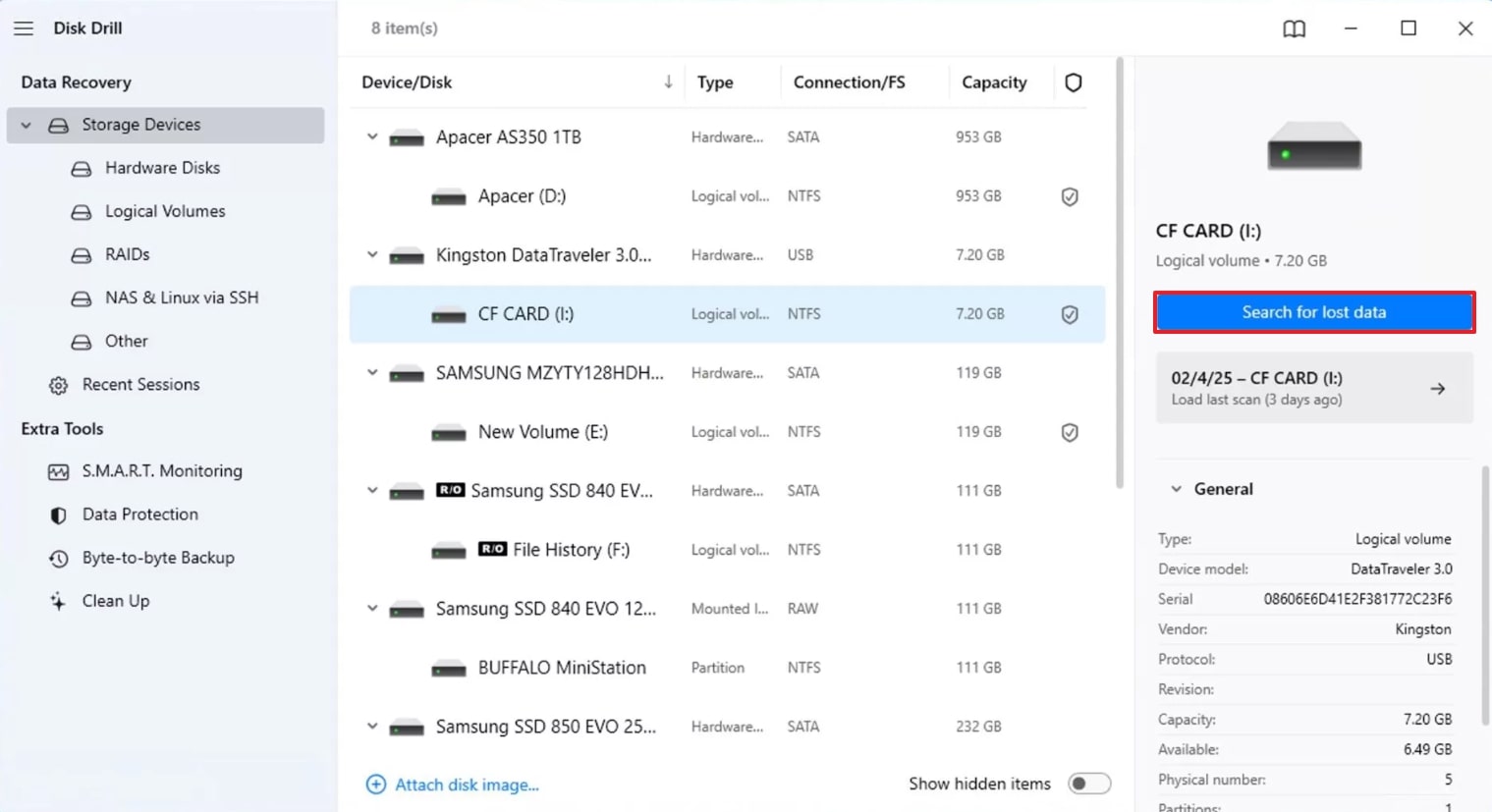 click search for lost data