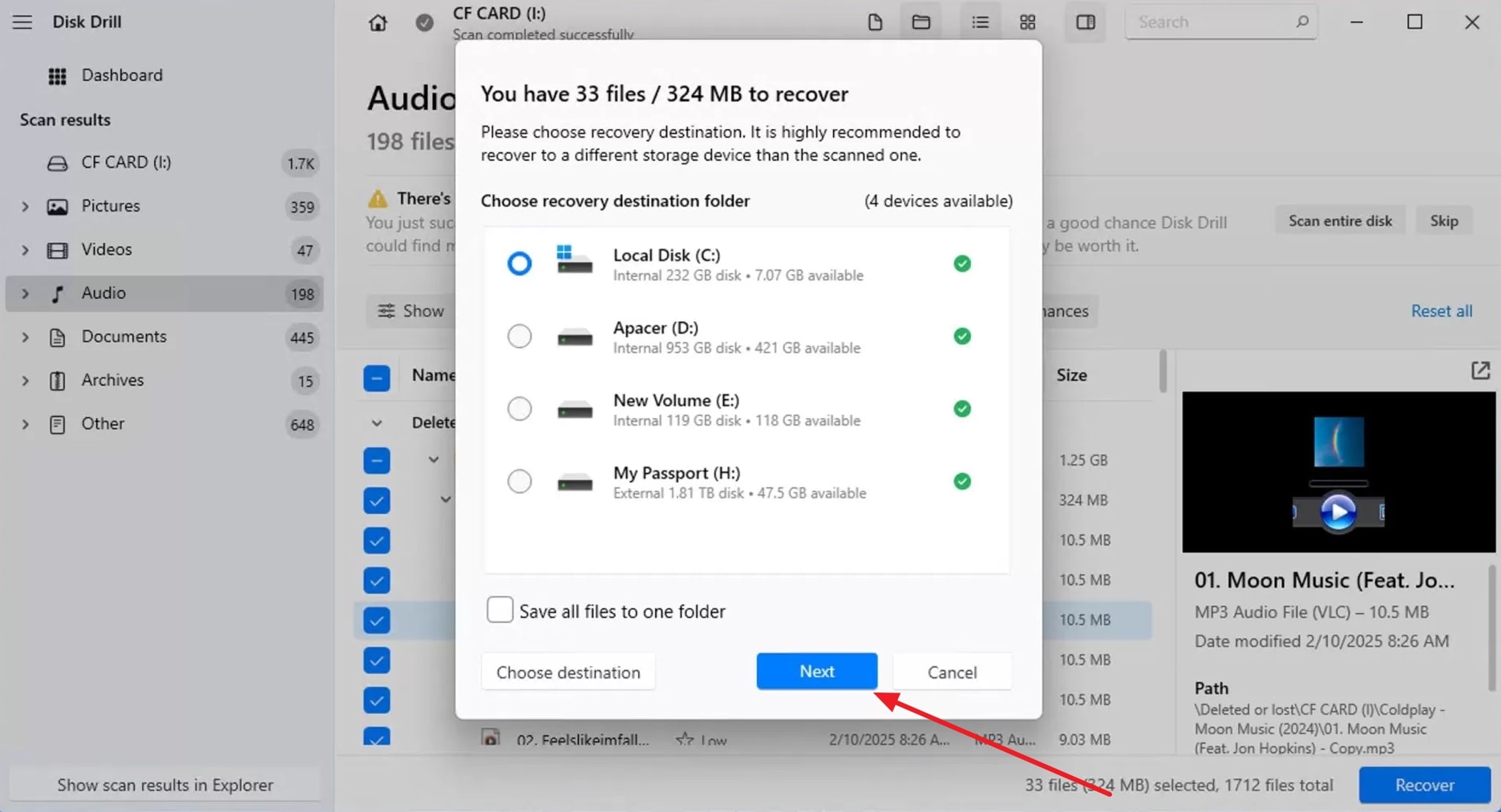 choose destination and press next