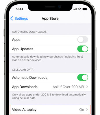 iPhone using too much data disable auto-play videos in app store