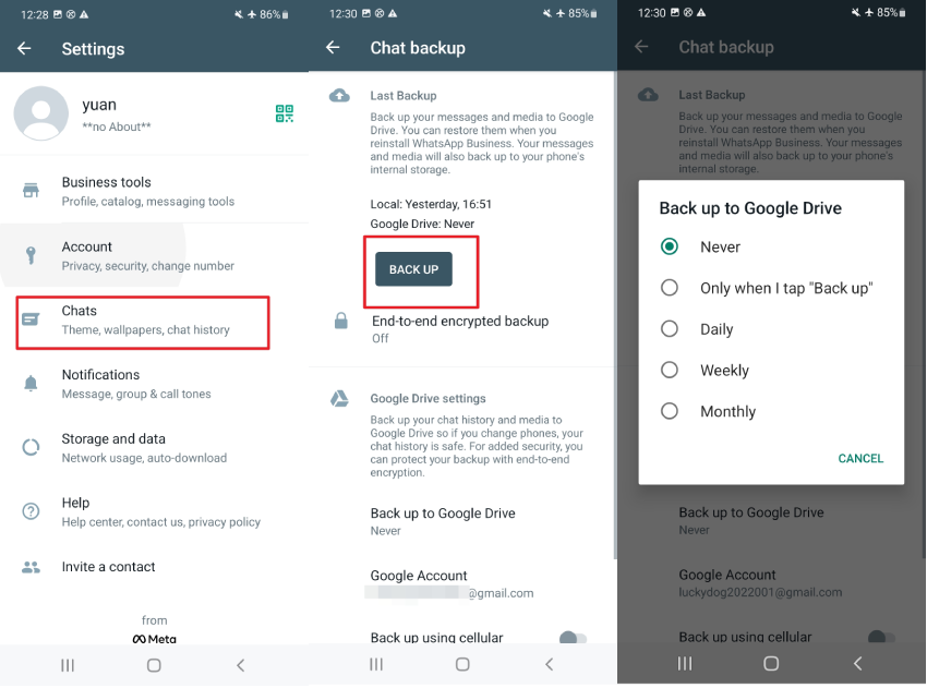 backup whatsapp business to google drive