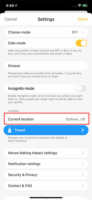 change bumble location without travel  mode