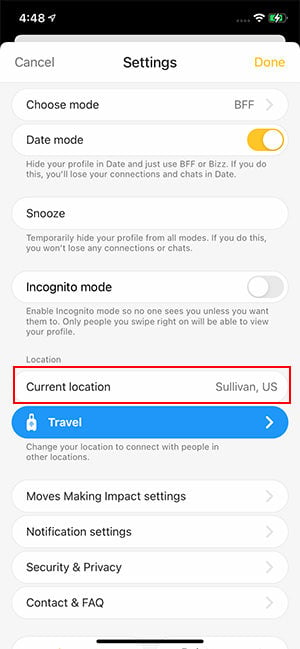 change bumble location without travel  mode