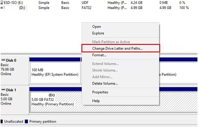 change drive letter and paths in Disk Management