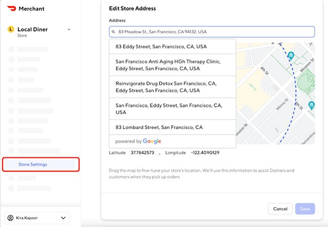 change restaurant address on doordash