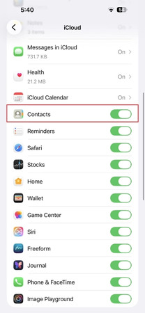 Check whether Contacts sync is enabled in iCloud settings on iPhone