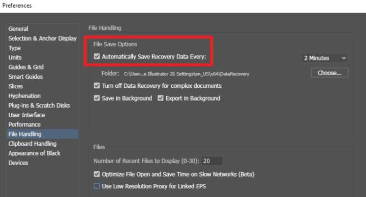 check Illustrator AutoSave recovery settings