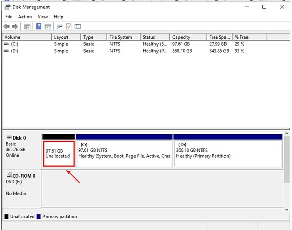check lost partition status in Disk Management