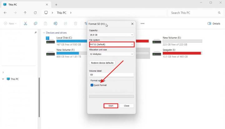 Choose FAT32 file system and Quick Format