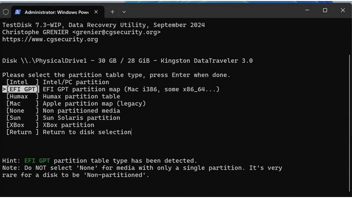 choose partition table type in TestDisk