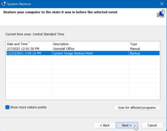 choose the restore point