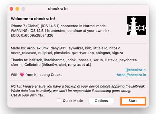 Click start on checkra1n to jailbreak iOS 16