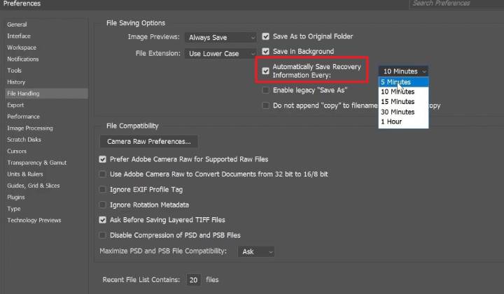 Configure Photoshop AutoSave recovery information