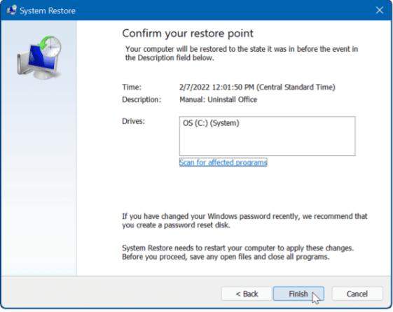 confirm your restore point