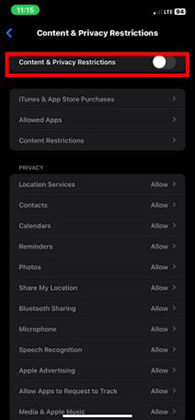 content and privacy restrictions