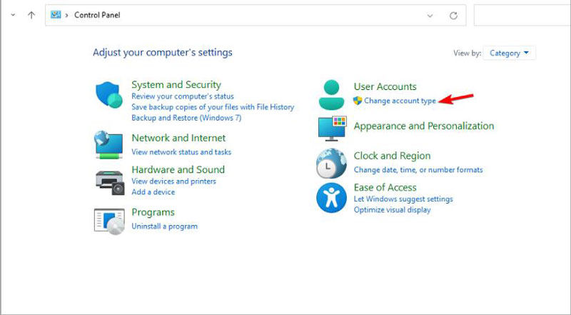 control panel change account type