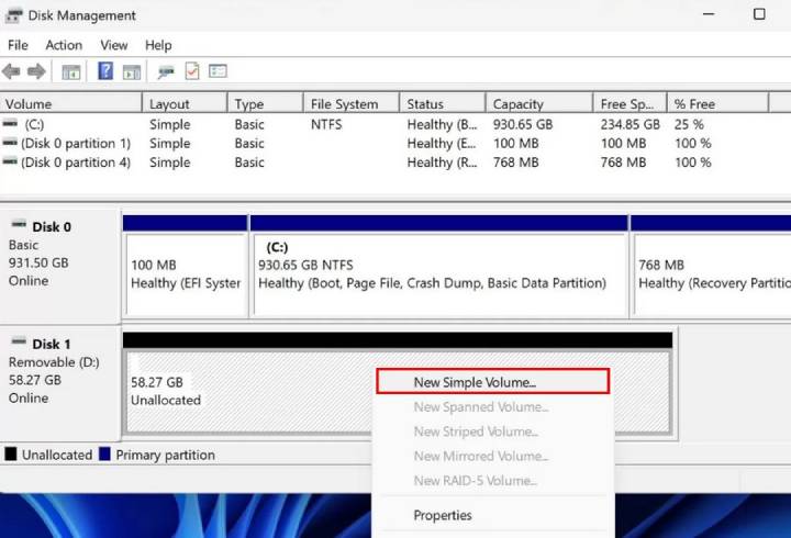 Create New Simple Volume for SD card