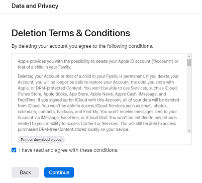 Agree with the deletion terms and conditions of Apple account