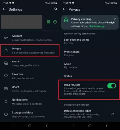 disable read receipt from privacy settings
