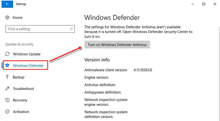 disable defender or anti malware tool
