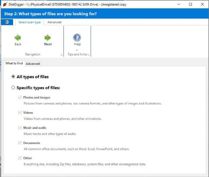 select file types in DiskDigger
