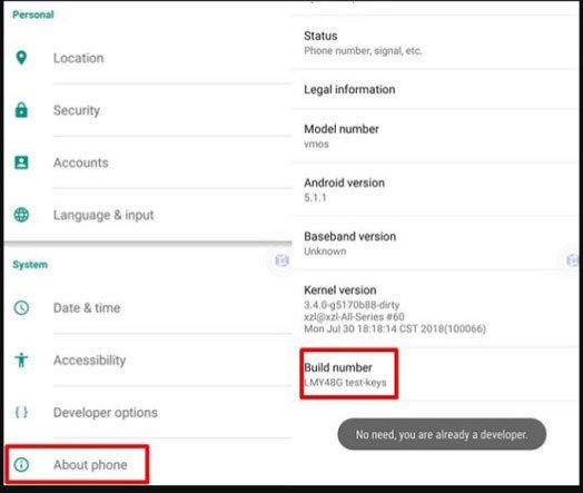 enter developer options on Android