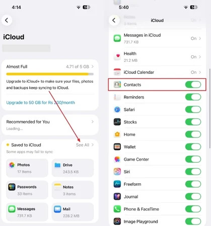 Turn on Contacts syncing in iCloud settings on iPhone