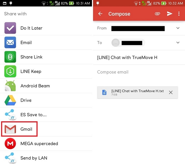 export line chat history through email