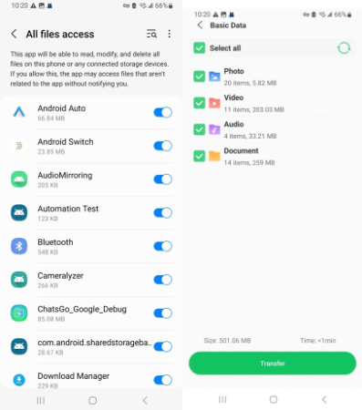 toggle desired apps to move