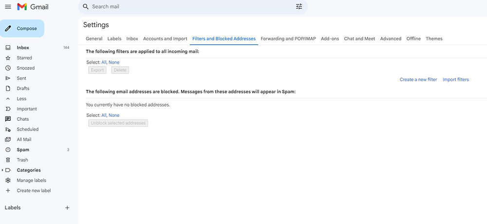gmail filters and blocked address