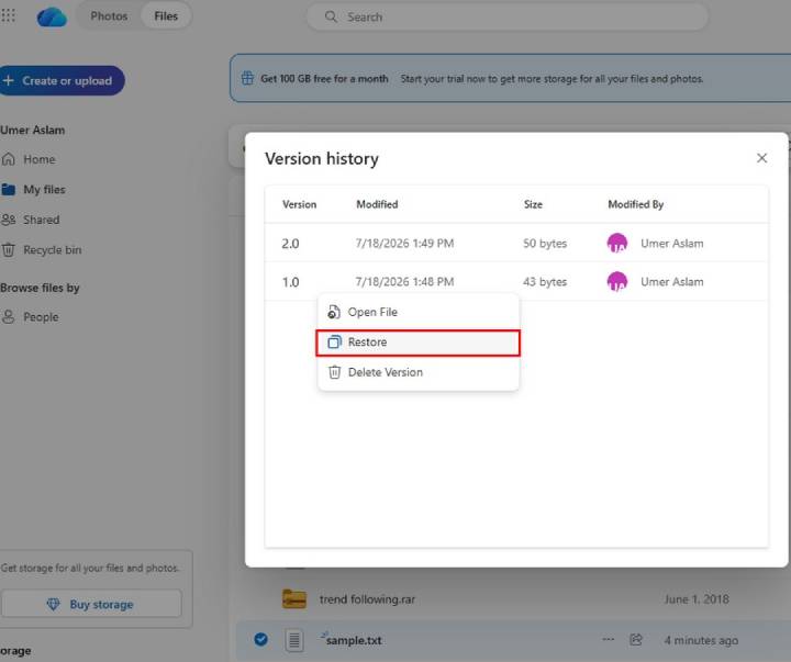 Find Word document in OneDrive My Files