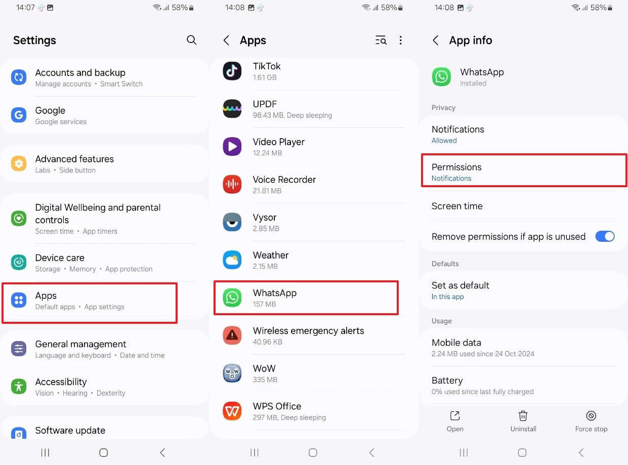 tap the permissions option