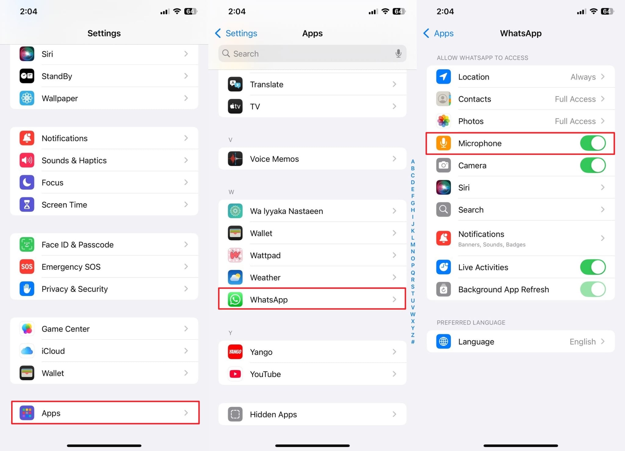toggle microphone from whatsapp settings ios