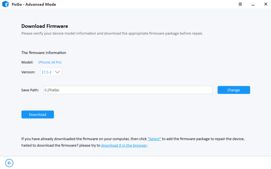 fixgo-standard-mode-prepare-to-download-firmware-17.5