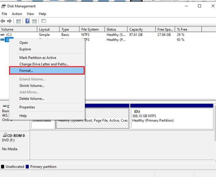 Format SD card from Disk Management