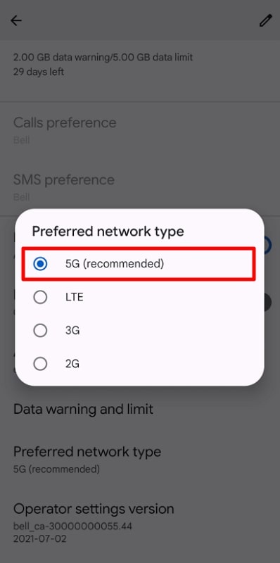 define preferred network settings for pixel