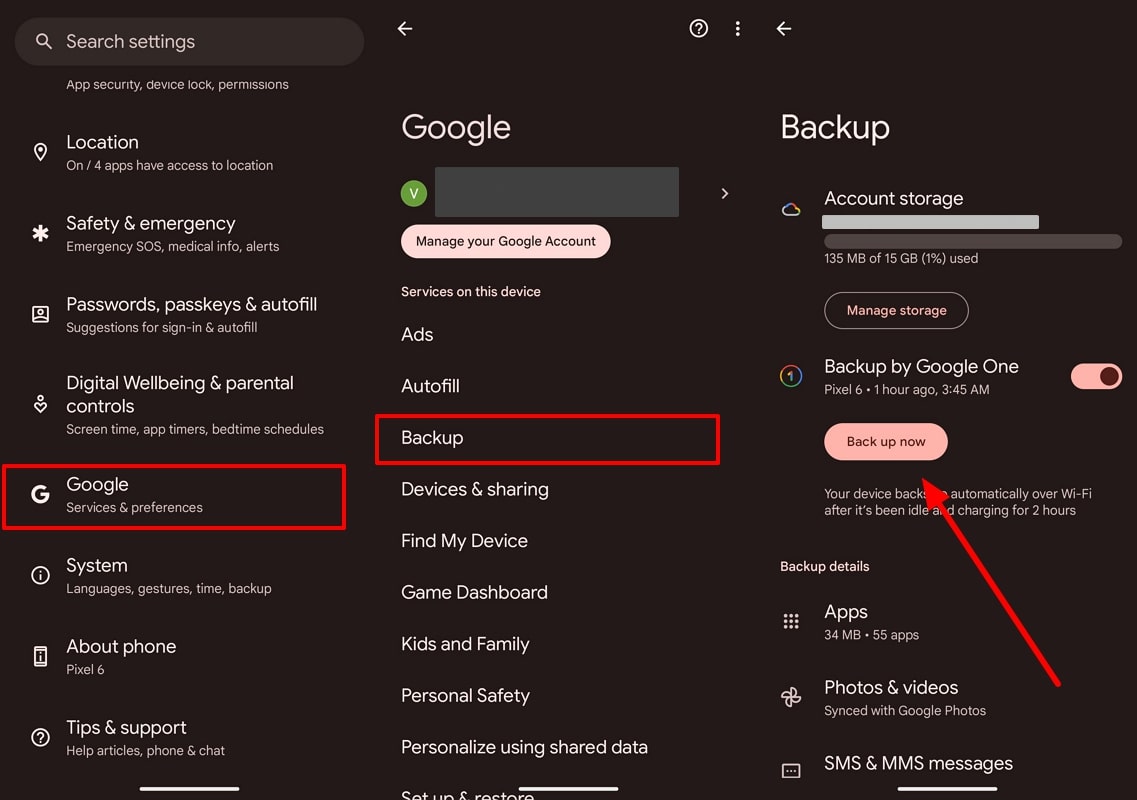tap the back up now button