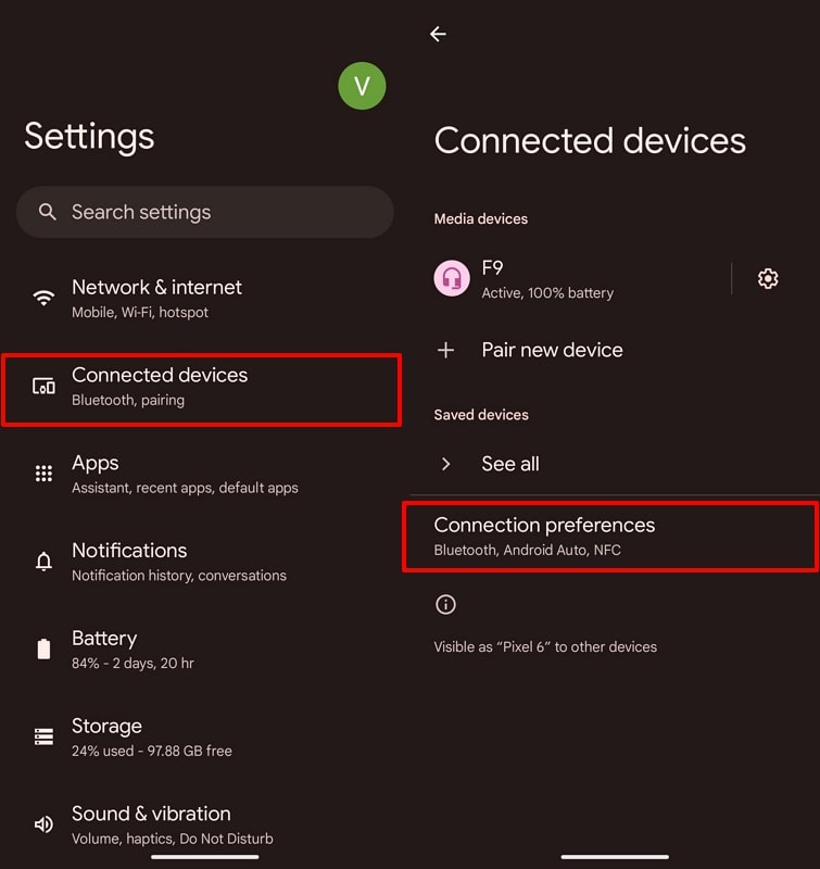 access connection preferences option