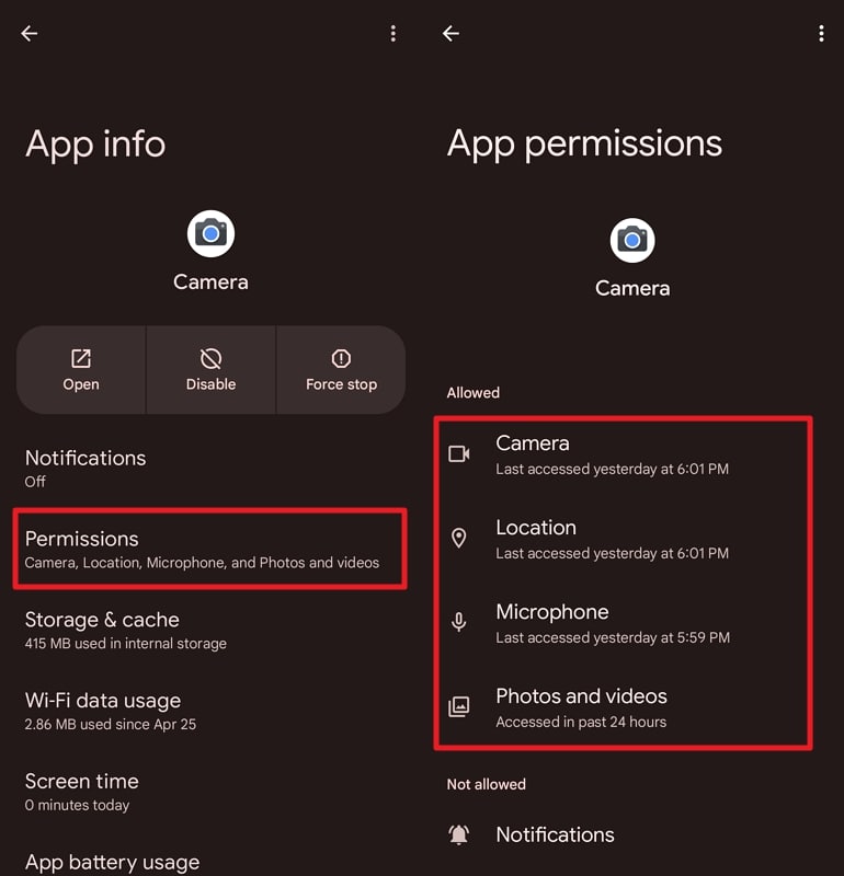 confirm the camera permissions