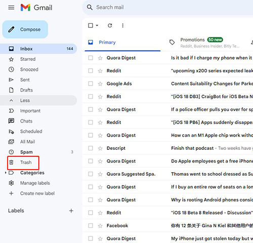 gmail trash folder